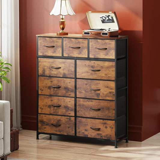 Storage Organizer Unit with 11 Fabric Bins, Storage Drawers Organizer with Steel Frame, Tall Storage Tower Organizaton for Living Room, Hallway, Office, Rustic Brown