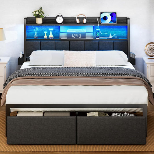 Queen Bed Frame with Storage Drawers, Upholstered Headboard with Storage Shelf, LED Lights and Charging Station, Metal Platform Bed Frame Queen Size, Noise Free, No Box Spring Needed, Black