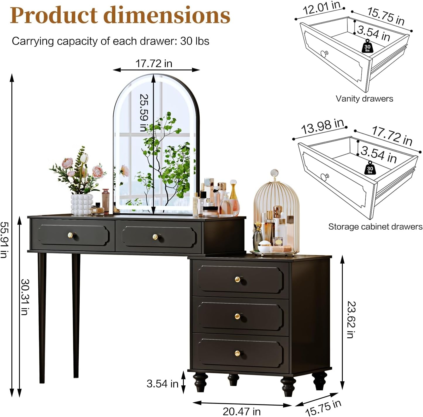 Black,Vanity Desk with Mirror and Lights,Makeup Vanity with Power Outlet and Adjustable Cabinet,Modern Makeup Table with 3 Drawers for Bedroom Makeup Room