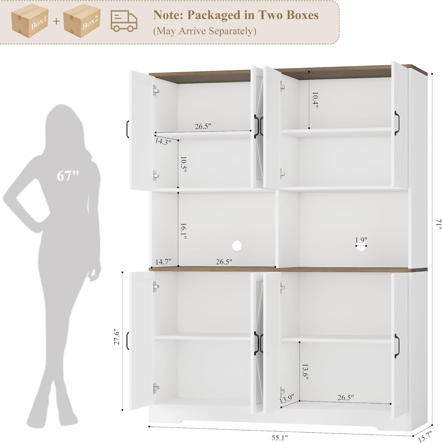 71" Tall Pantry Cabinet, 55" Wide Kitchen Pantry Storage Cabinet, Large Kitchen Hutch with 2 Microwave Stands, Farmhouse Coffee Bar Station with Doors and Shelves for Dining Room, White