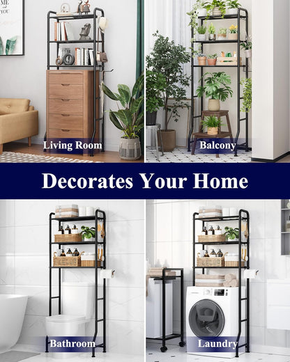 over Toilet Storage Rack - Metal over Toilet Bathroom Organizer Shelf, over the Toilet Storage Cabinet with Paper Holder and Hooks, Bathroom Cabinet for Laundry, Black, 3 Tiers (63.2" H)
