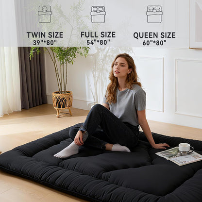 Japanese Floor Mattress, 3.5" Thicken Futon Mattress Tatami Mat, High Density Foam Support for Adult Kids Sleep, Portable Futon Sofa Bed for Camping, Pet Mat, Twin 80"X 39"（Black）