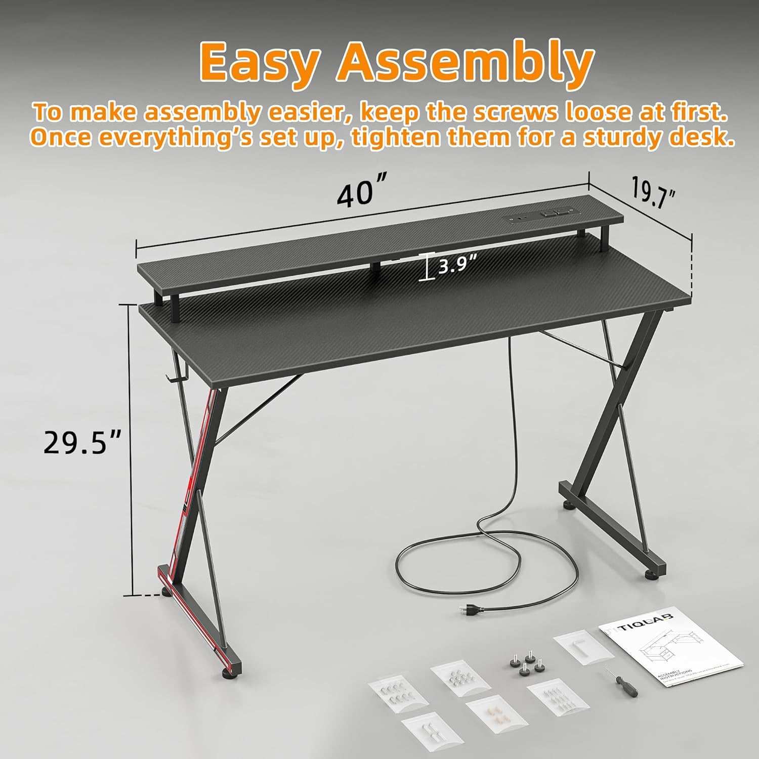 Gaming Desk with Power Outlets & LED 40 Inch Ergonomic Computer Carbon Fiber Surface Gamer Desk, Large Monitor Stand, Headphone Hook, PC Workstation for Bedroom, Black