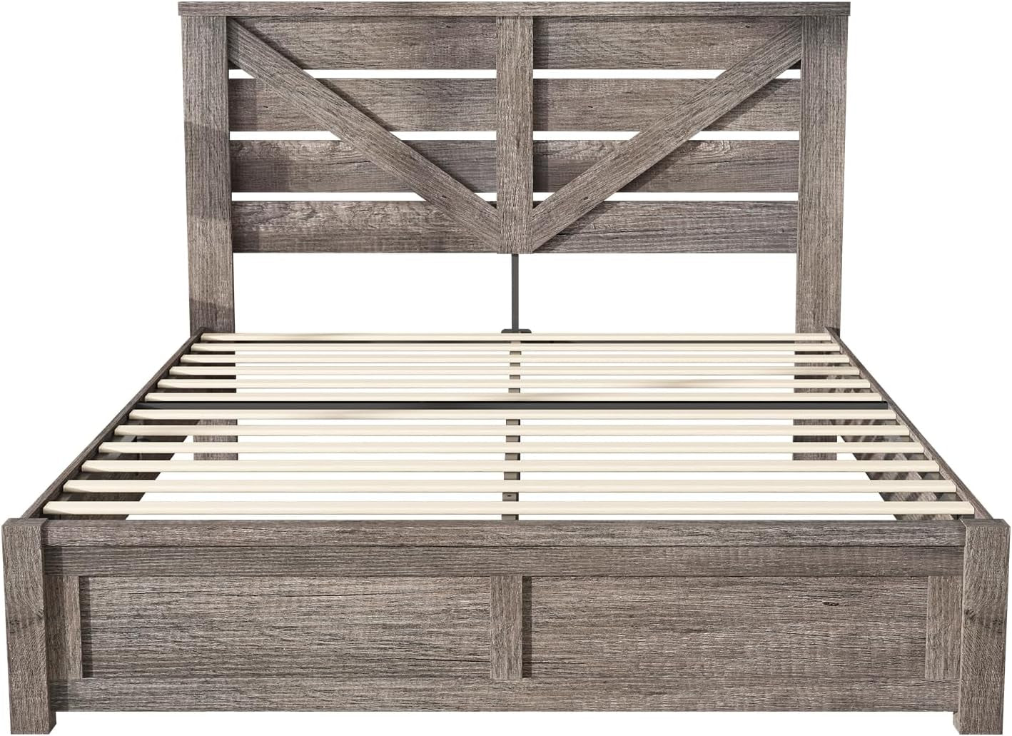 Queen Size Farmhouse Bed Frame with 49.2" Barn Door Headboard, Platform Bed Frame with Wood Slats, under Bed Storage Space, Easy Assembly, Noisy Free, Rustic Gray