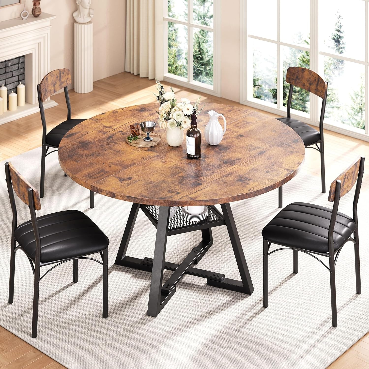 Round Dining Table Set for 4, Kitchen Table and Chairs for 4, Circle Table round Pedestal Dining Room Dinner Dinette Table Set,5 Piece Space Saving Wood Kitchen & Dining Room Tables (Vintage, 42In)