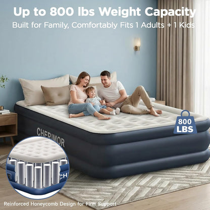 Queen Air Mattress with Built in Pump, 18" Elevated Height, 48Hr Leak-Tested, Honeycomb Coil Support, 800 Lbs Capacity, Fast 3-Min Inflation Blow up Mattress for Guest Room & Sleepover