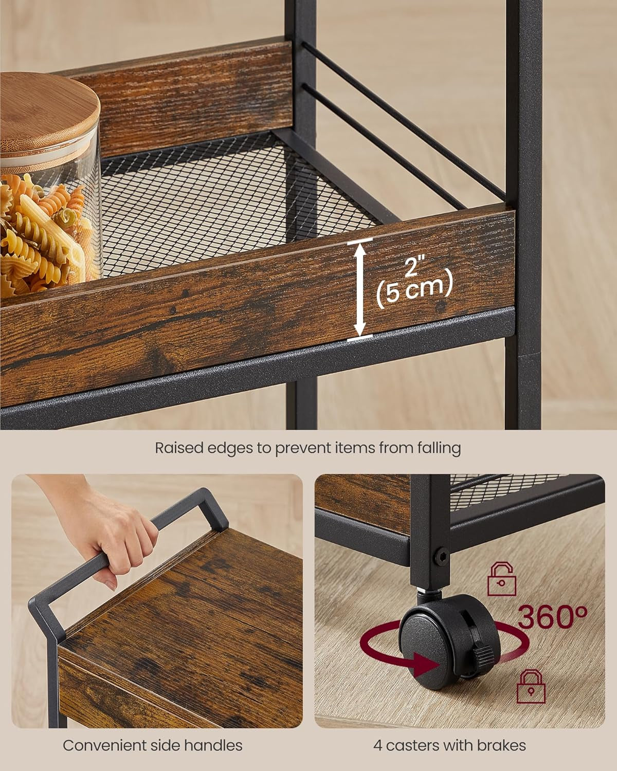 Storage Cart, 3-Tier Rolling Utility Cart with Table Top, Handles, 4 Lockable Casters, Top Drawer, Mesh Shelves, for Kitchen, Bathroom, Bedroom, Rustic Brown and Ink Black ULRC048K01