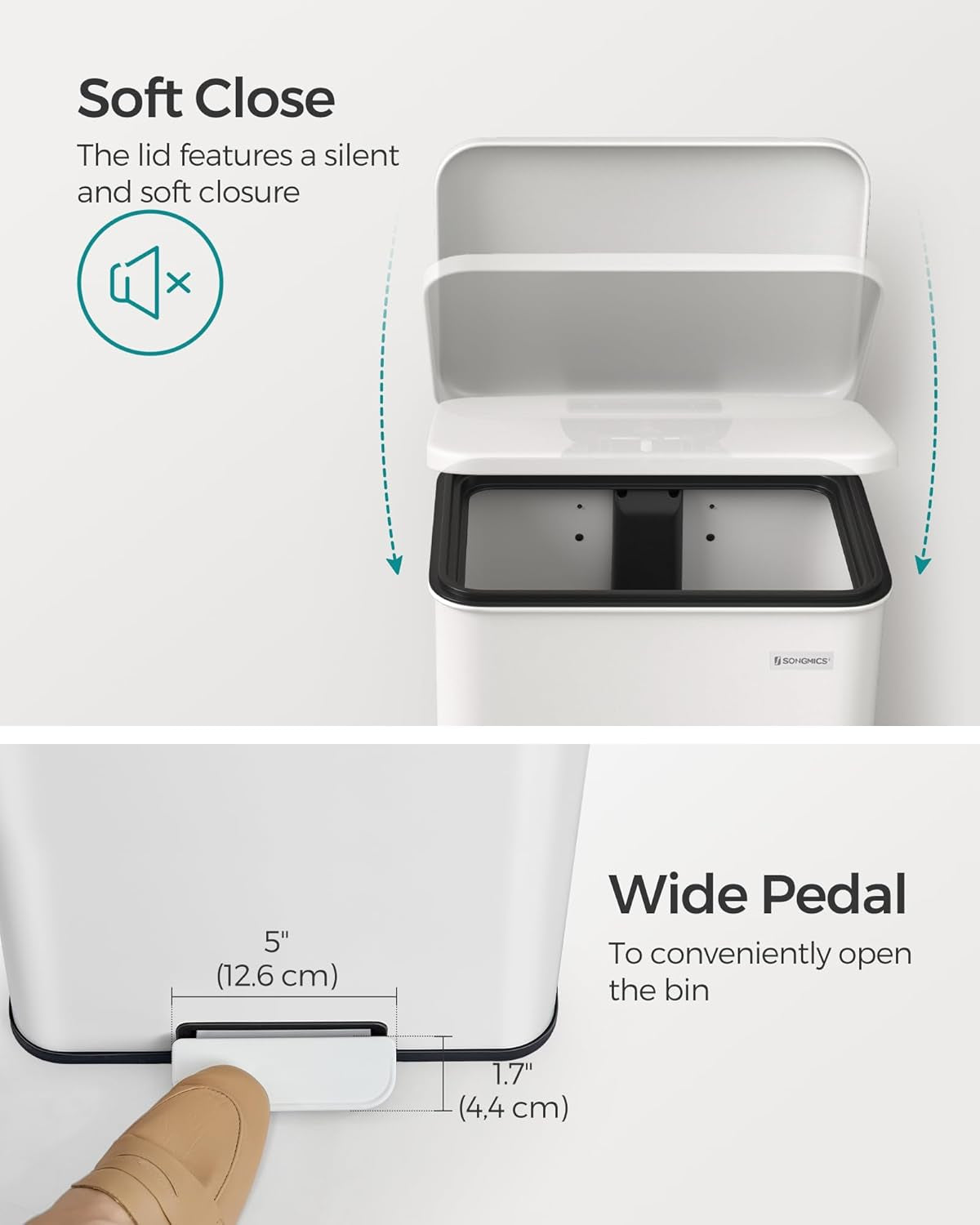 Kitchen Trash Can, 10.5 Gallon (40 L) Garbage Can, Large Step Trash Bin with Lid, Stainless Steel, Soft Close, 15 Trash Bags Included, White ULTB540W40