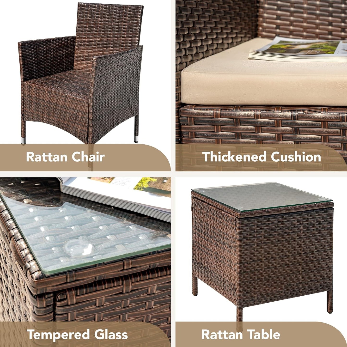 Patio Porch Furniture Sets 3 Pieces PE Rattan Wicker Chairs with Table Outdoor Garden Furniture Sets (Brown/Beige)