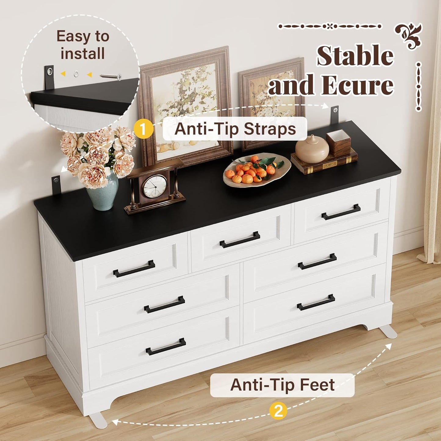 Farmhouse Dresser for Bedroom, 7 Drawers Dresser, Wood Chest of Drawers, 52" Wide Storage Dressers Organizer for Bedroom, Living Room, White and Black