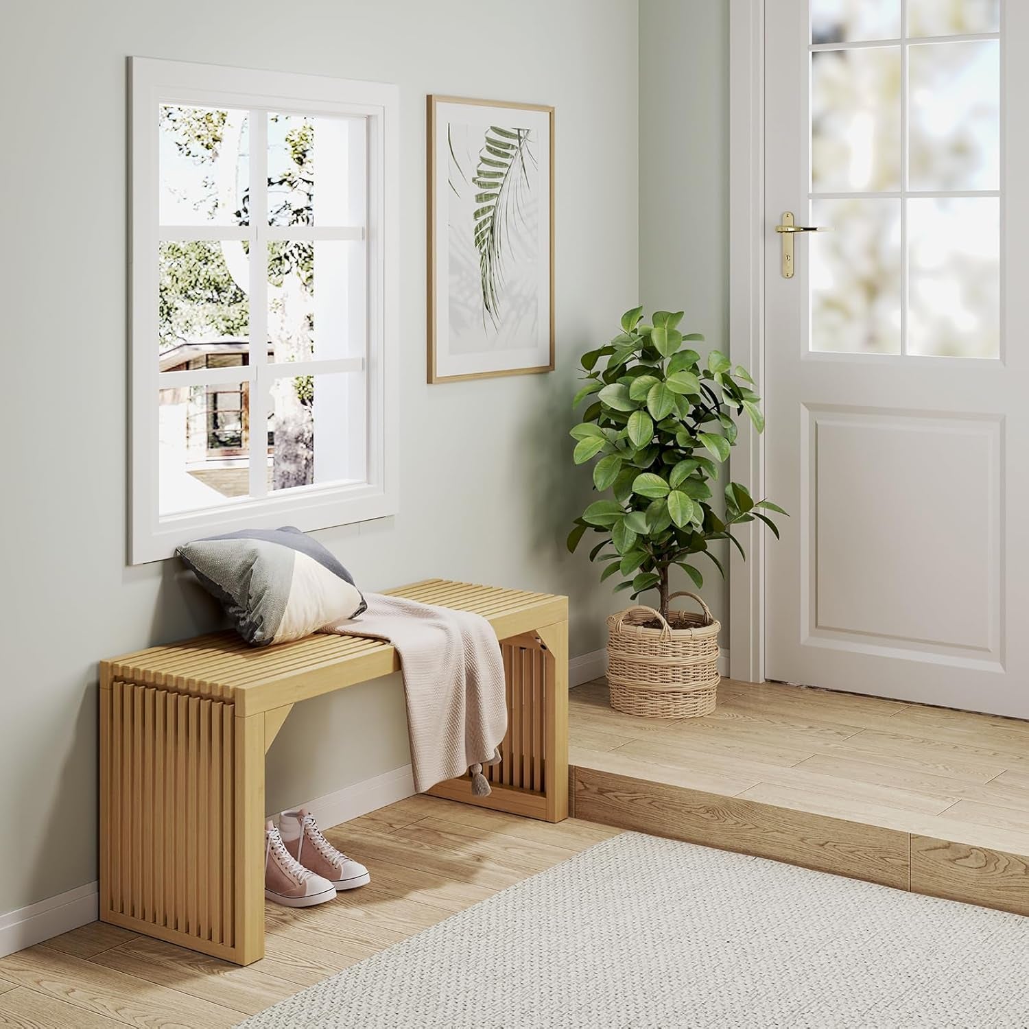 35" Dining Bench, Indoor Wood Bench for Entryway,Living Room,Kitchen and Bedroom (Nature, Long Bench)