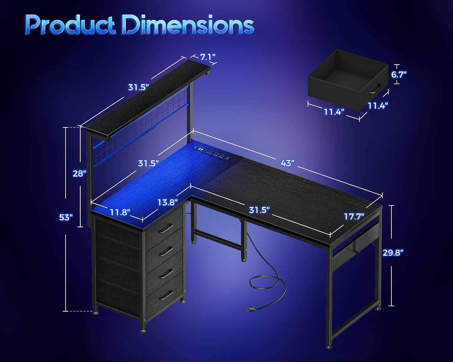 L Shaped Gaming Desk with Shelf & 4 Drawers, 43" Reversible Computer Desk with LED Light, Home Office Table with Hutch and Hook, Black
