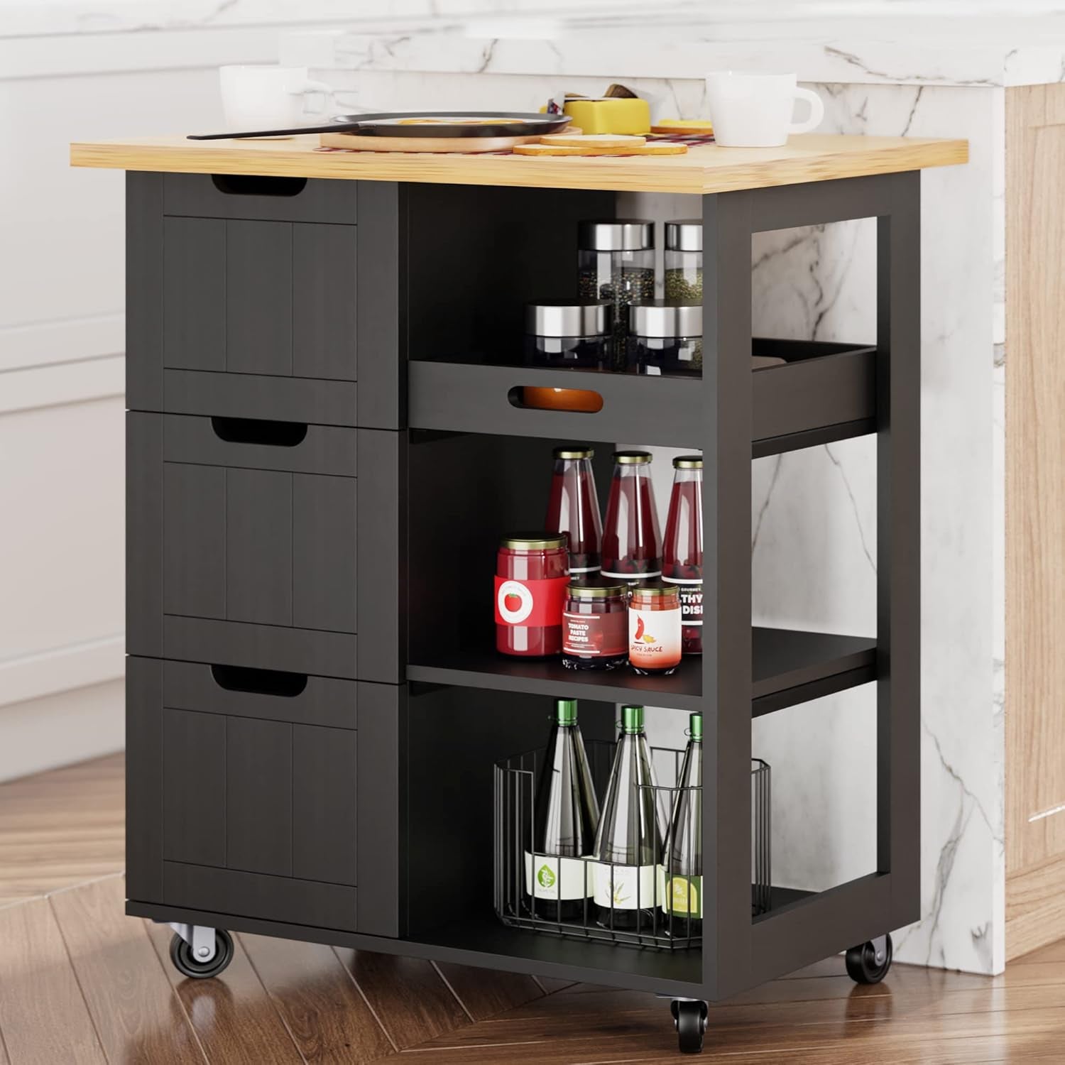 Kitchen Island Cart with Storage,Rolling Kitchen Island Storage Cabinet,Side Table on Wheels with Worktop,3 Open Shelves and 3 Drawers for Kitchen,Dinning Room, Black