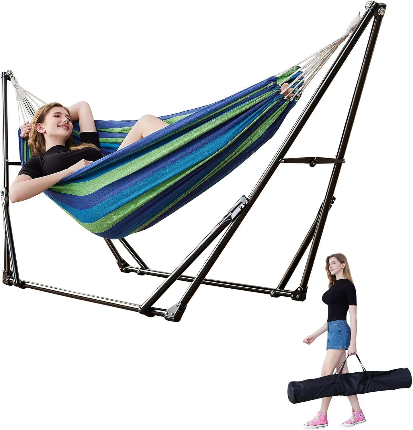Portable Hammock with Stand for outside Foldable,Frabic Tension Adjustable Indoor,Carrying Bag Included, 616 Lbs Weight Capacity, Suitable Garden Yard Outdoor Inhouse Cyan