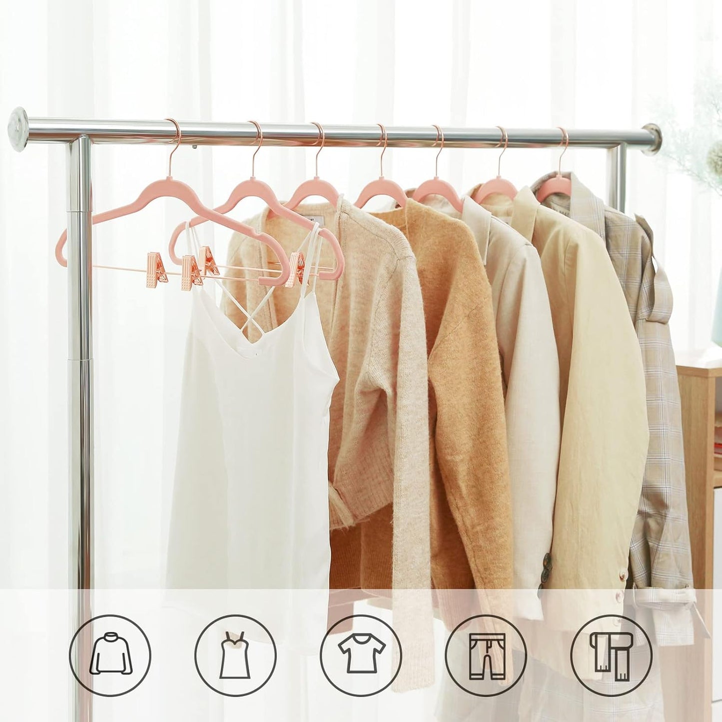 24 Pack Pants Hangers, 16.7 Inch Coat Hangers with Rose Gold Colored Movable Clips, Heavy-Duty, Non-Slip, Space-Saving, for Pants, Skirts, Dresses, Light Pink UCRF14PK24