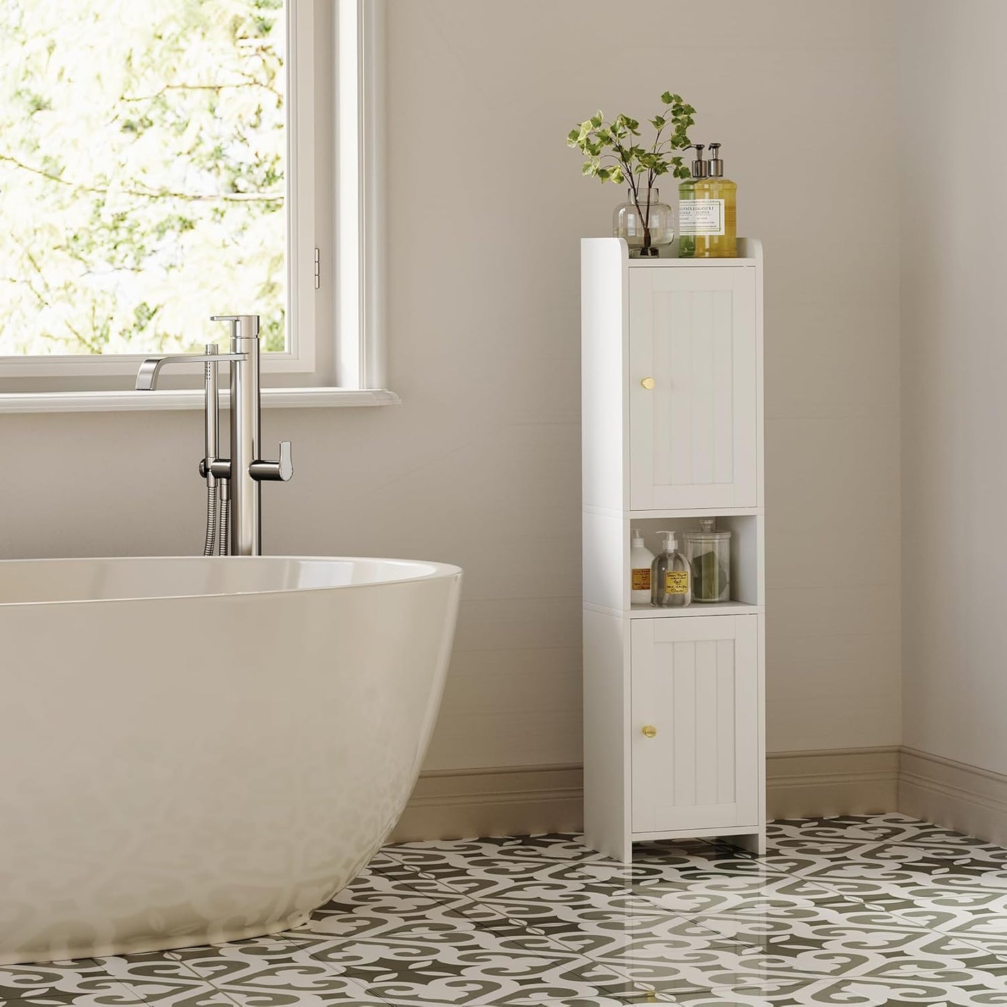 Bathroom Cabinet with 2 Doors, Small Freestanding Storage Cabinet with Adjustable Shelf, Floor Cabinet for Small Spaces, Bathroom, Entrances, Kitchen, White