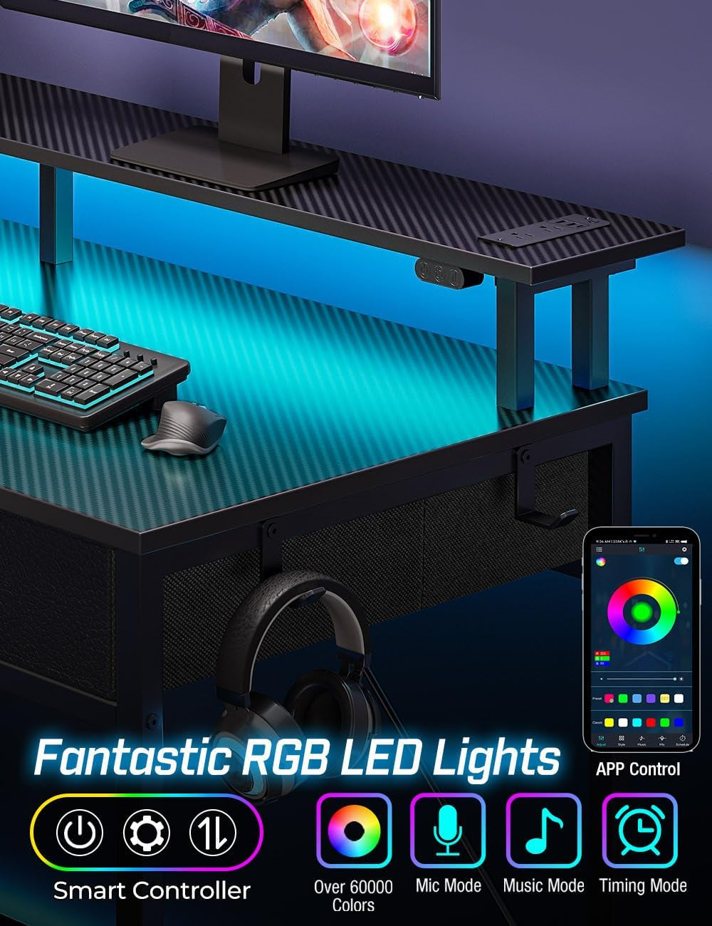 Computer Desk with Power Outlets & LED Light, 47 Inch Home Office Desk with 3 Drawers and Storage Shelves, Writing Desk with Monitor Stand, Modern Work Desk for Home Office, Carbon Black