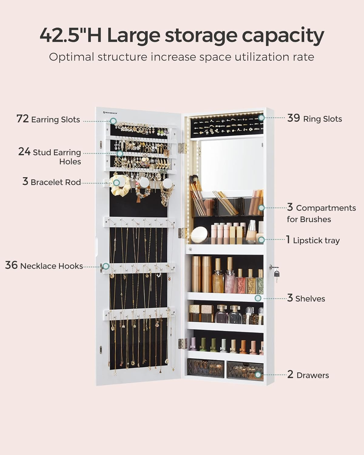 Mirror Jewelry Cabinet Armoire Organizer, Wall or Door Mount Storage Cabinet with Full-Length Frameless Lighted Mirror, Built-In Makeup Mirror, 2 Drawers, Lockable, White UJJC013W01