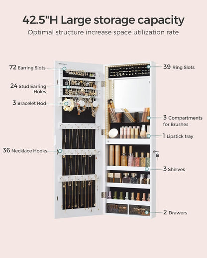 Mirror Jewelry Cabinet Armoire Organizer, Wall or Door Mount Storage Cabinet with Full-Length Frameless Lighted Mirror, Built-In Makeup Mirror, 2 Drawers, Lockable, White UJJC013W01