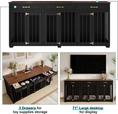 Dog Crate Furniture - Indoor Wooden Dog Kennel with 2 Dividers, 3 Drawers, and 3 Lockable Doors, 72"X23.6"X31.5"H, Black