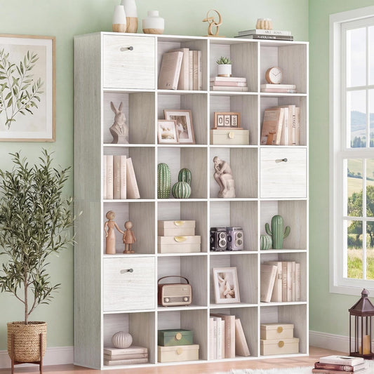 Large 24 Cube Storage Bookshelf, Washed White Wood Bookcase with 3 Fabric Drawers, 47” Wide Freestanding Cuby Organizer Shelf for Living Room Bedroom, Office, Display Rack Bookshelves Book Case