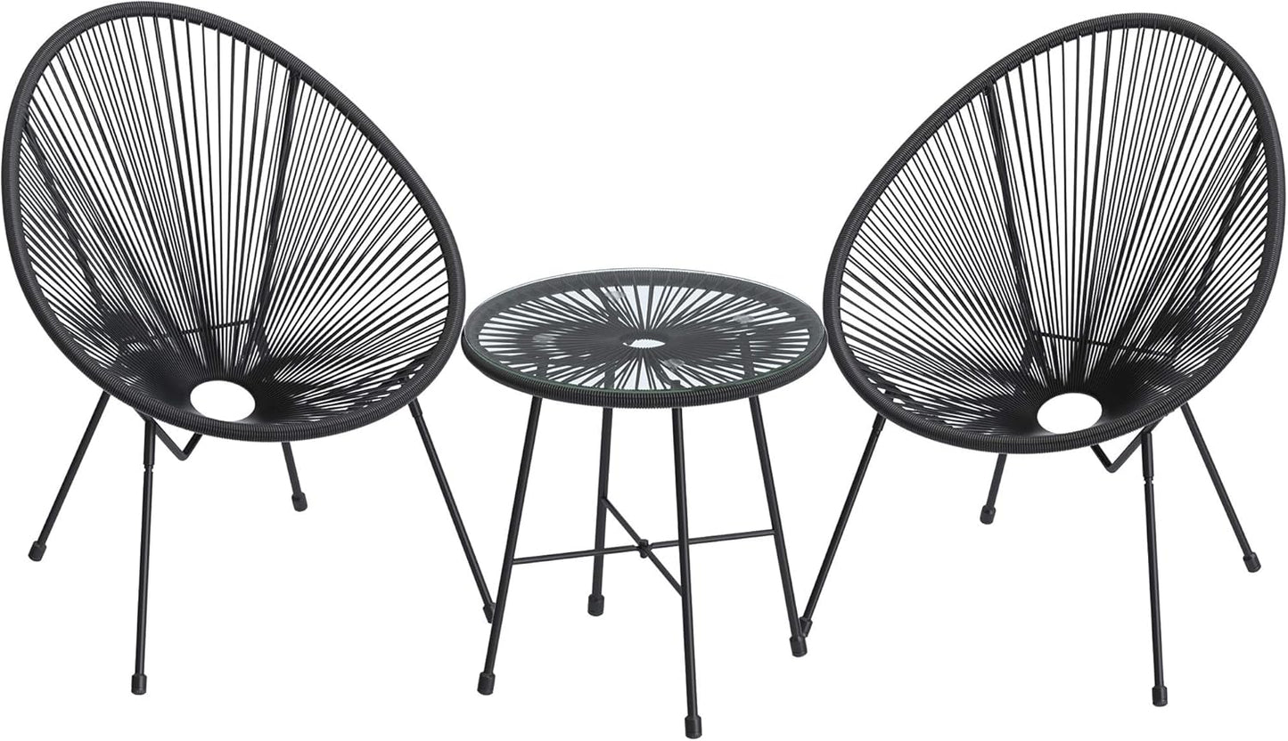 3-Piece Outdoor Seating Acapulco Chair, Modern Patio Furniture Set, Glass Top Table and 2 Chairs, Indoor and Outdoor Conversation Bistro Set, Ink Black UGGF011B01