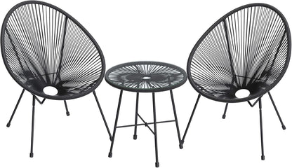 3-Piece Outdoor Seating Acapulco Chair, Modern Patio Furniture Set, Glass Top Table and 2 Chairs, Indoor and Outdoor Conversation Bistro Set, Ink Black UGGF011B01