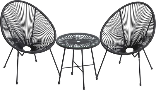 3-Piece Outdoor Seating Acapulco Chair, Modern Patio Furniture Set, Glass Top Table and 2 Chairs, Indoor and Outdoor Conversation Bistro Set, Ink Black UGGF011B01