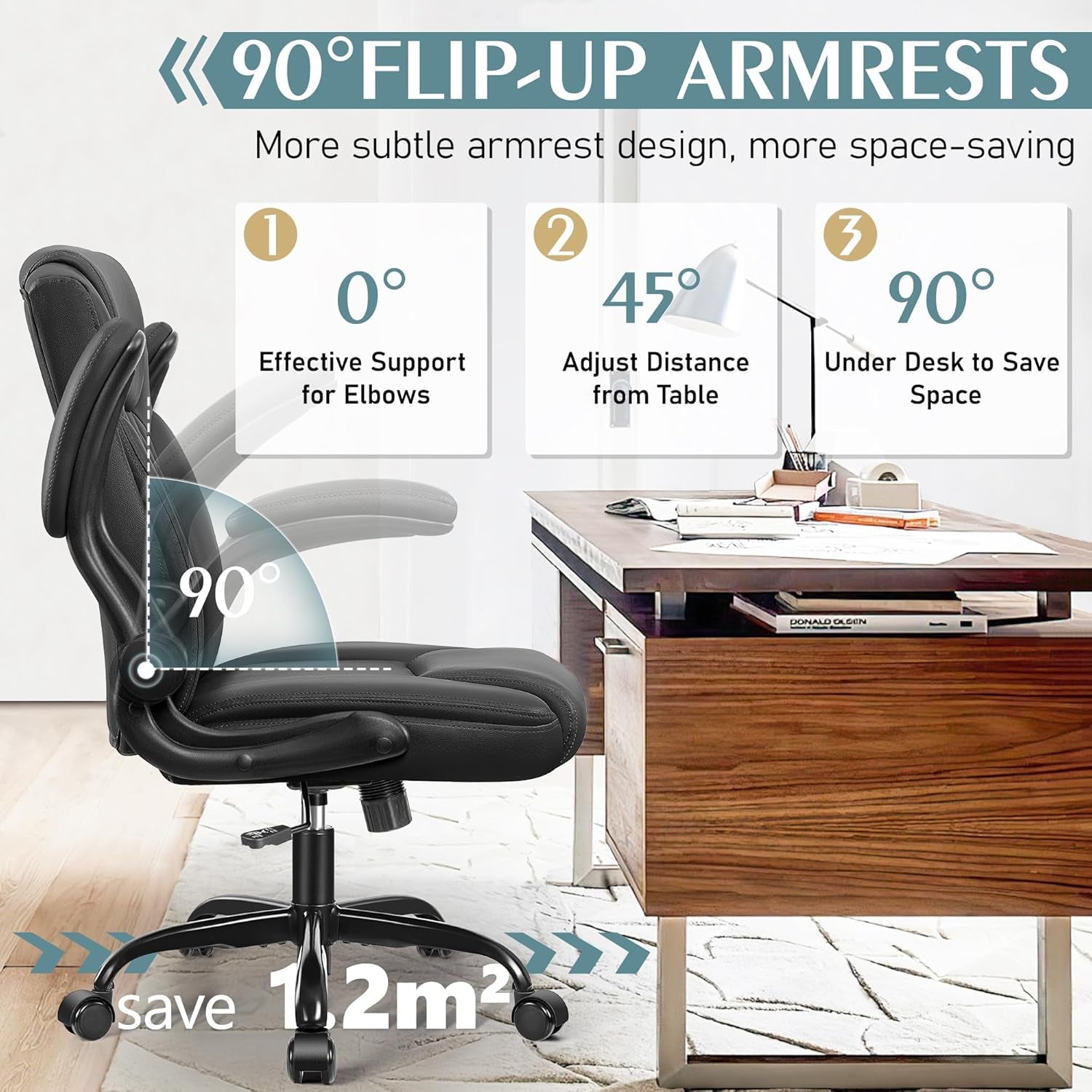 Leather Office Chair, PU Home Computer Desk Chairs with Ergonomic Back Support, 360°Swivel Free，Small Gaming Chair with Wheels and Adjustable Armrests, for Short People Use, Black