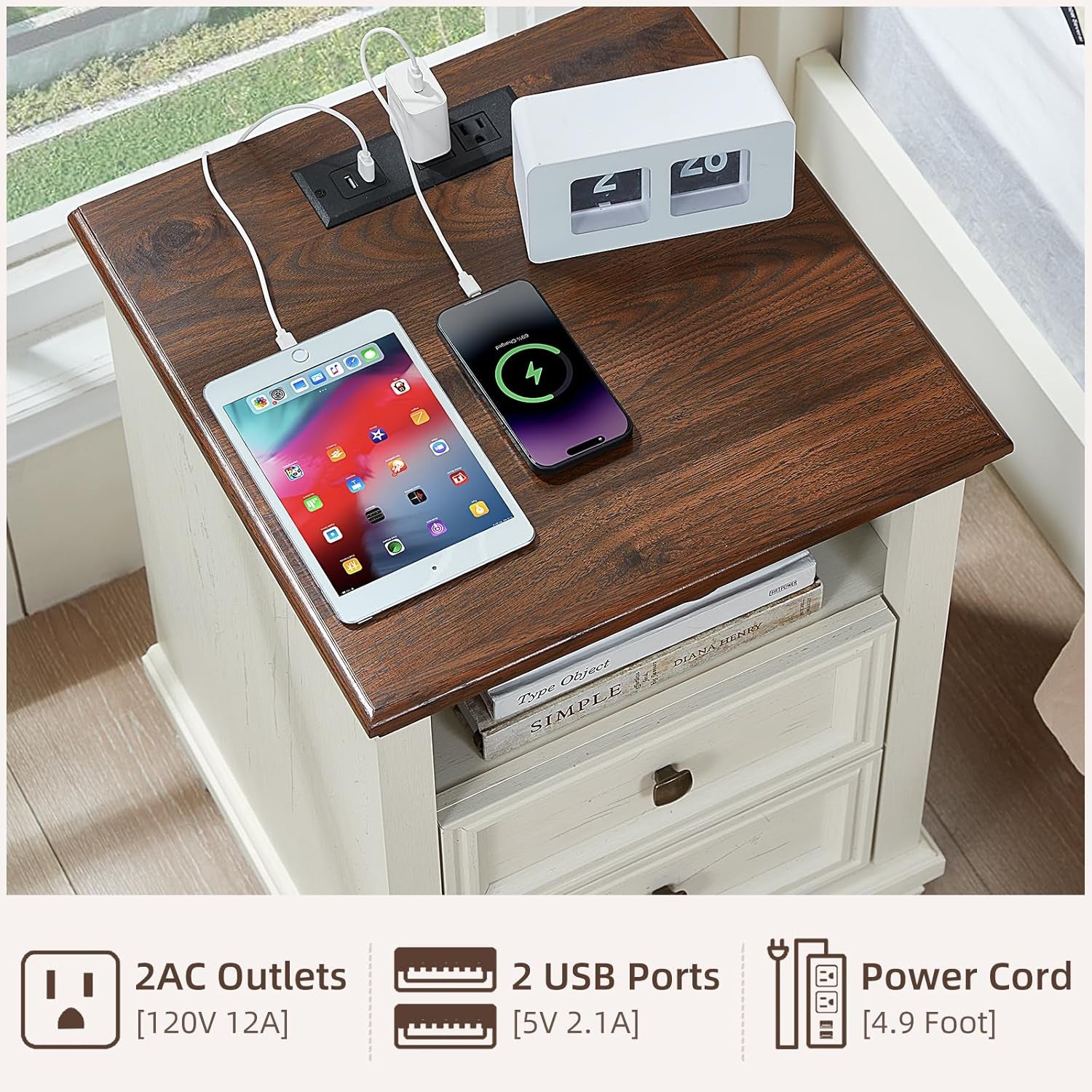 Farmhouse Nightstand Set of 2 with Charging Station, Rustic White Nightstand,2 Drawers End Table for Living Room,Bedside Table with Open Shelf for Bed Room,White