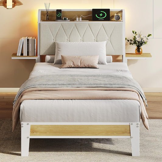 Twin Bed Frames with Headboard, Upholstered Bed Frame with 2 Storage Shelves, Platform Bed with LED Lights and Charging Station, 600LBS Mattress Foundation, No Box Spring Needed, Beige