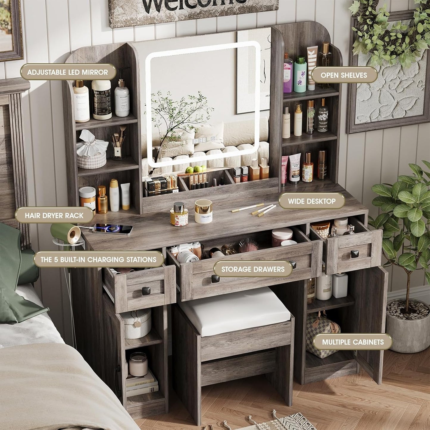 Makeup Vanity Desk, Vanity Mirror with Lights Desk and Chair,Makeup Table with 3 Large Drawers and 2 Cabinets, Time and Temperature Display, 3 LED Lighting Modes Adjustable, Grey