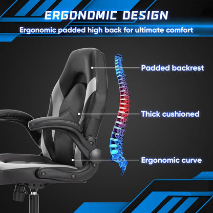 Computer Gaming Desk Chair - Big Tall Ergonomic Lumbar Support with Flip-Up Armrest and 360° Swivel Wheels, PU Leather Height Adjustable, for Home and Office, Grey