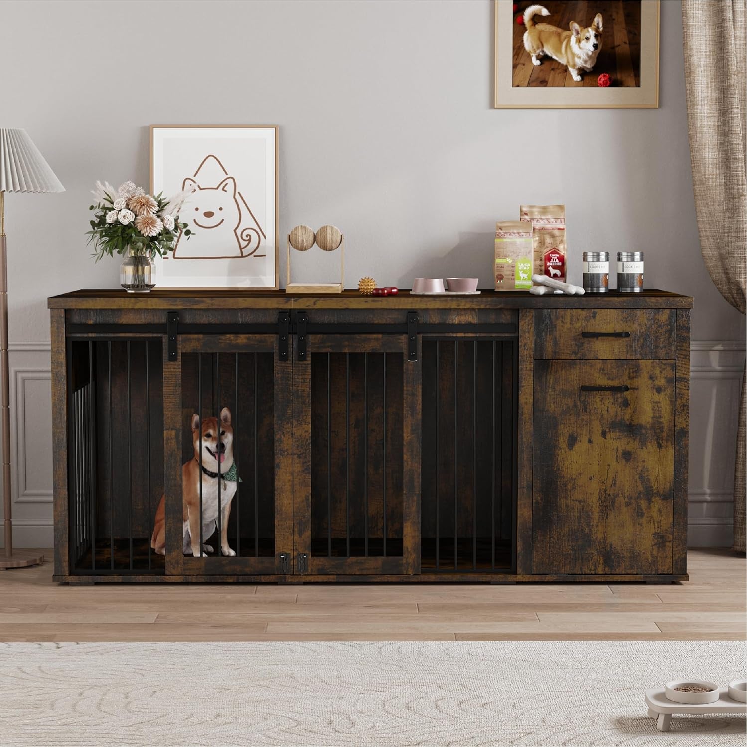 Large Dog Crate Furniture Large Breed,71 Inch Wooden Dog Crate with Tilt Out Trash Cabinet,Drawers,Divider and Sliding Barn Door, Double Doors Dogs Crate for 2 Dogs (Modern Walnut)