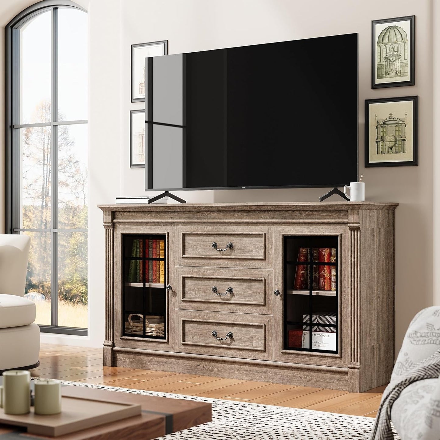 Farmhouse TV Stand for 65 Inch TV with Outlets, 59" Entertainment Center with 3 Drawers and 2 Storage Cabinet, Glass Doors and Adjustable Shelf, Console Tables for Living Room, Light Rustic Oak