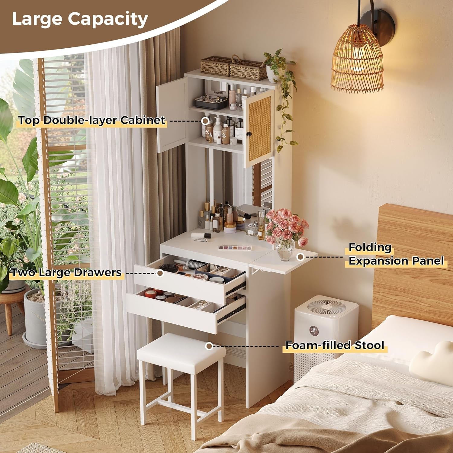 Small Vanity Desk with Mirror and Lights, White Compact Makeup Vanity with Chair and Fold-Up Panel for Small Spaces, Skinny Rattan Dressing Table Set, Dimmable 3-Color, Space Saving, Girls