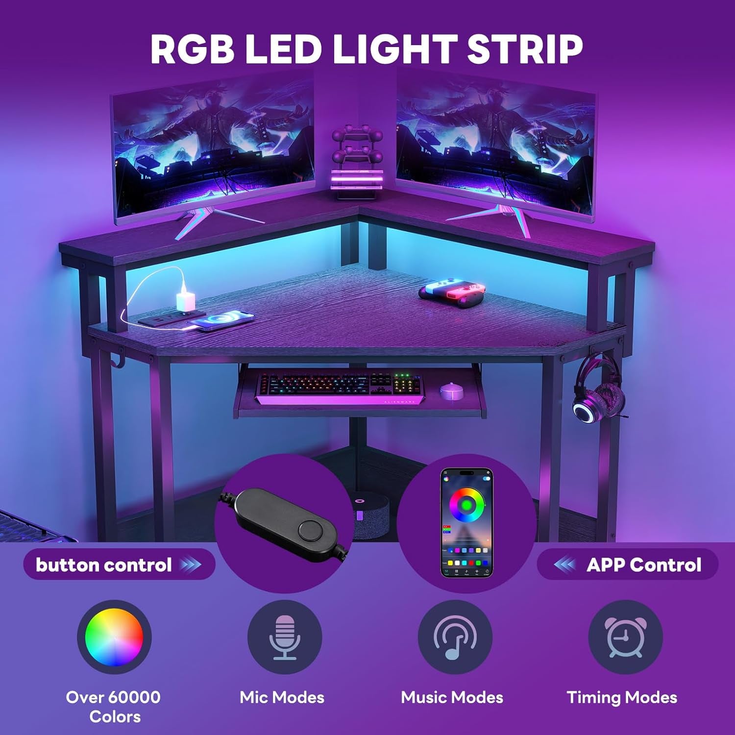 Conner Desk Home Office Computer Desk for Small Space with LED Lights Gaming Table with Storage Shelves Power Outlets Monitor Stand Keyboard Tray for Bedroom, Black