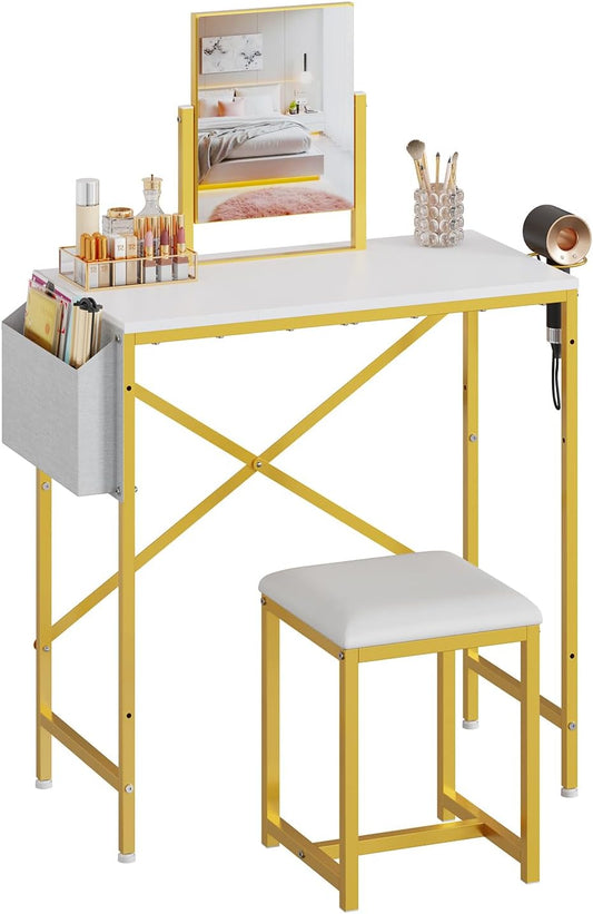 Makeup Vanity Set with 360°Rotating Mirror Amd PU Leather Chair, Compact Small Vanity Desk with Side Pocket for Small Space, Dressing Table for Bedroom, Cheap Gold and White Vanity for Girls and Women