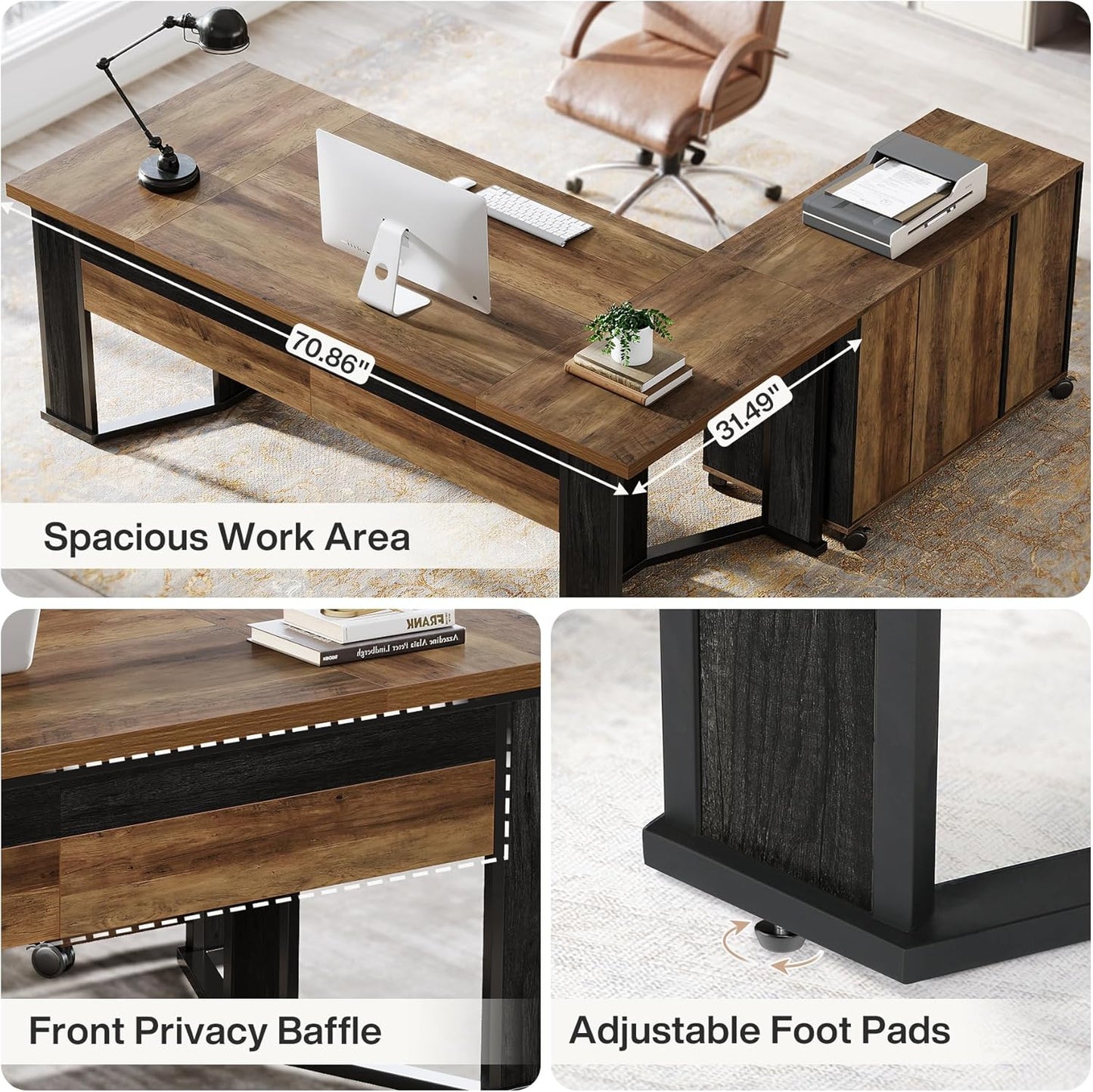70.86" Executive Desk with Mobile File Cabinet, Large L Shaped Computer Office Desk with 2 Drawers and Storage Shelves, Business Furniture Desk Workstation for Home Office (Rustic Brown)