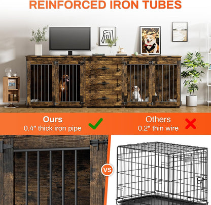 94.5" Dog Crate Furniture for 2 Dogs, Large Dog Kennel Furniture with 3 Storage Drawer, Wooden Dog Cage with 4 Bowls, Indoor Dog House TV Stand with Locks for Large Medium Dog, Rustic Brown