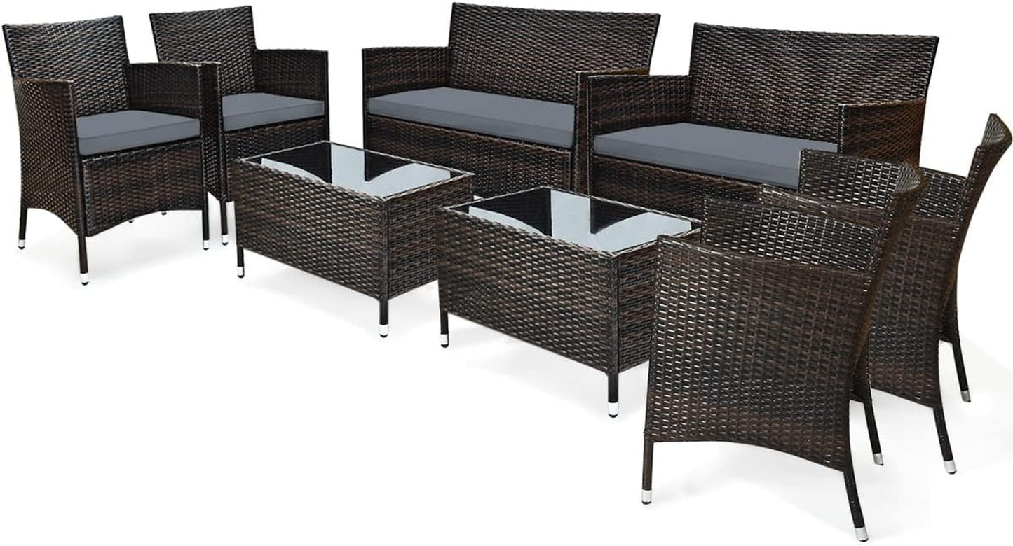 8PCS Rattan Patio Furniture Set, Outdoor Wicker Rattan Chairs with Coffee Table, Rattan Cushioned Conversation Set for Backyard Balcony Porch Poolside, Grey