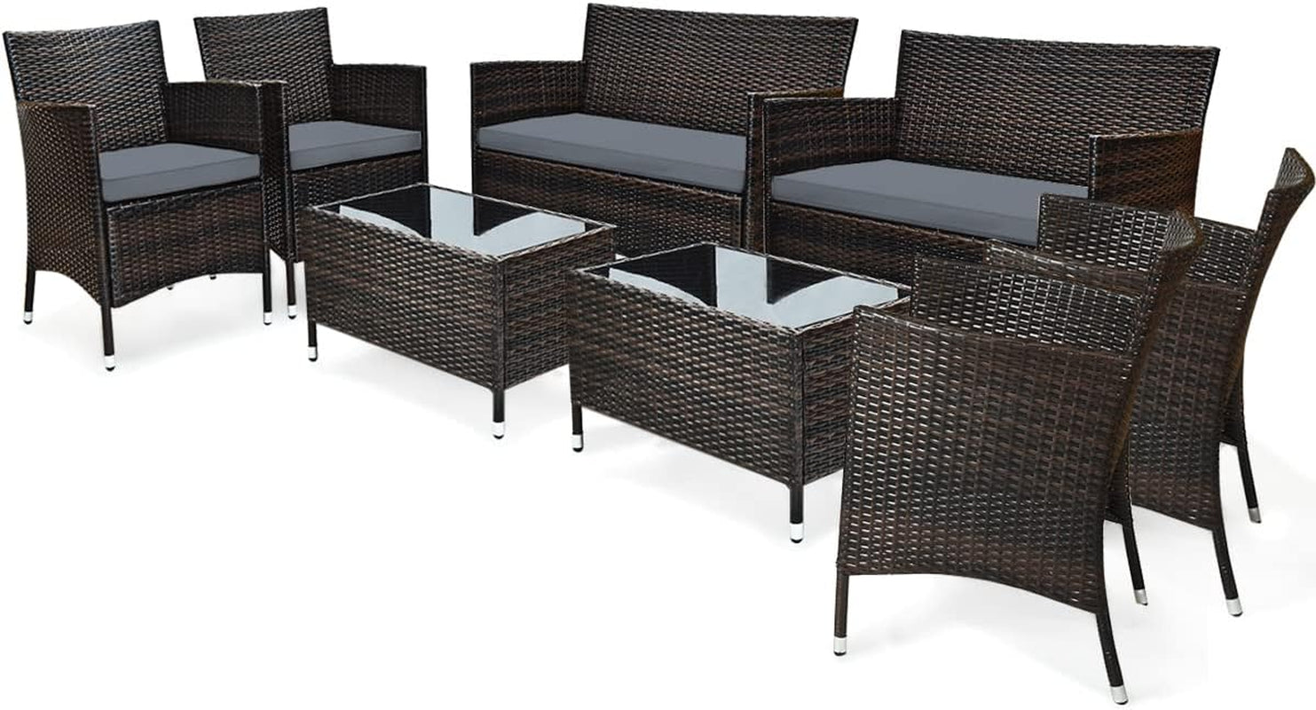 8PCS Rattan Patio Furniture Set, Outdoor Wicker Rattan Chairs with Coffee Table, Rattan Cushioned Conversation Set for Backyard Balcony Porch Poolside, Grey