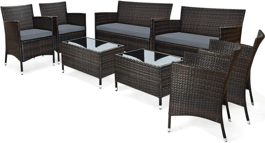 8PCS Rattan Patio Furniture Set, Outdoor Wicker Rattan Chairs with Coffee Table, Rattan Cushioned Conversation Set for Backyard Balcony Porch Poolside, Grey