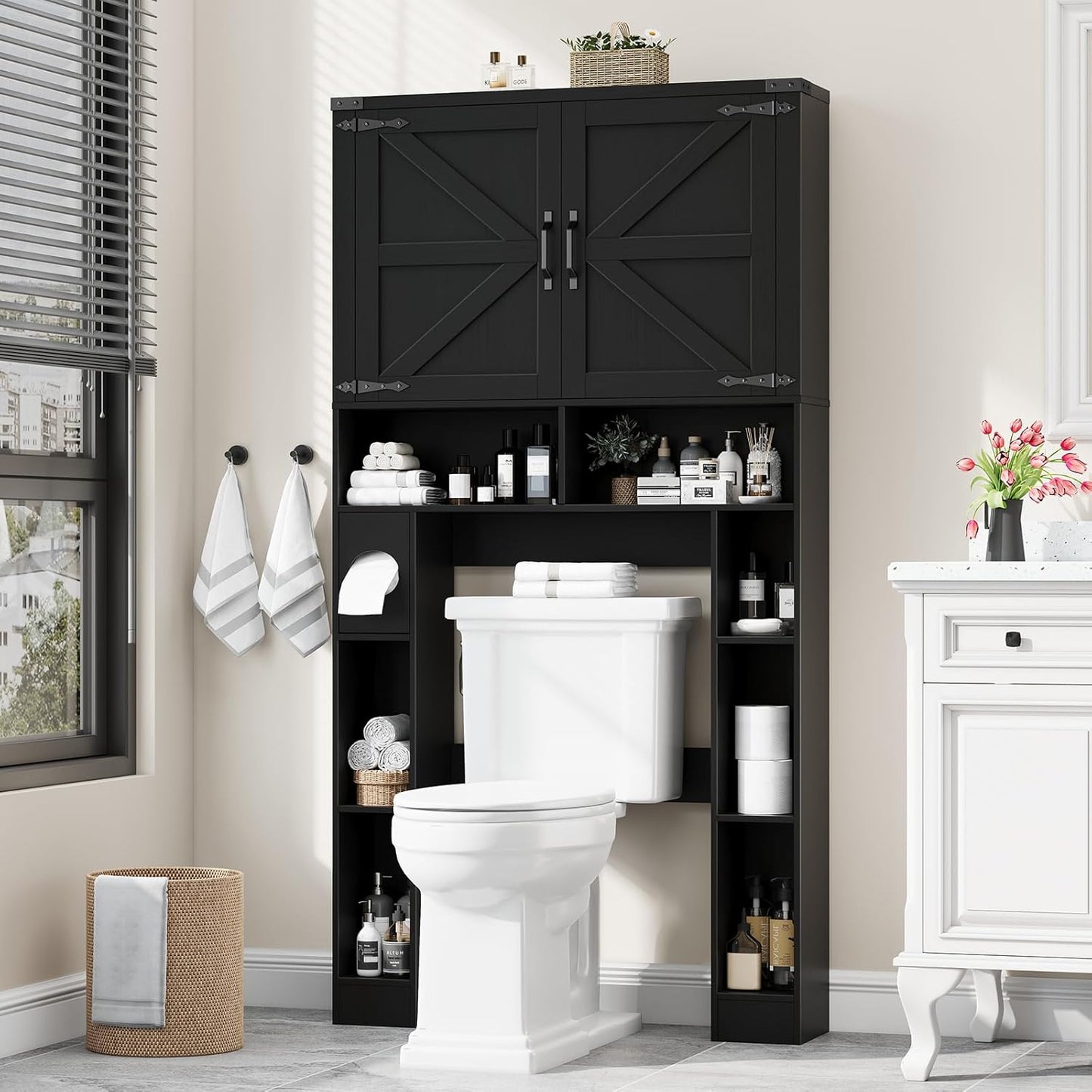 Over the Toilet Storage Cabinet, Farmhouse Storage Cabinet over Toilet with 2 Barn Doors ，Toilet Paper Holder Stand，Home Space-Saving Toilet Rack, for Laundry, Restroom, Bathroom.Black