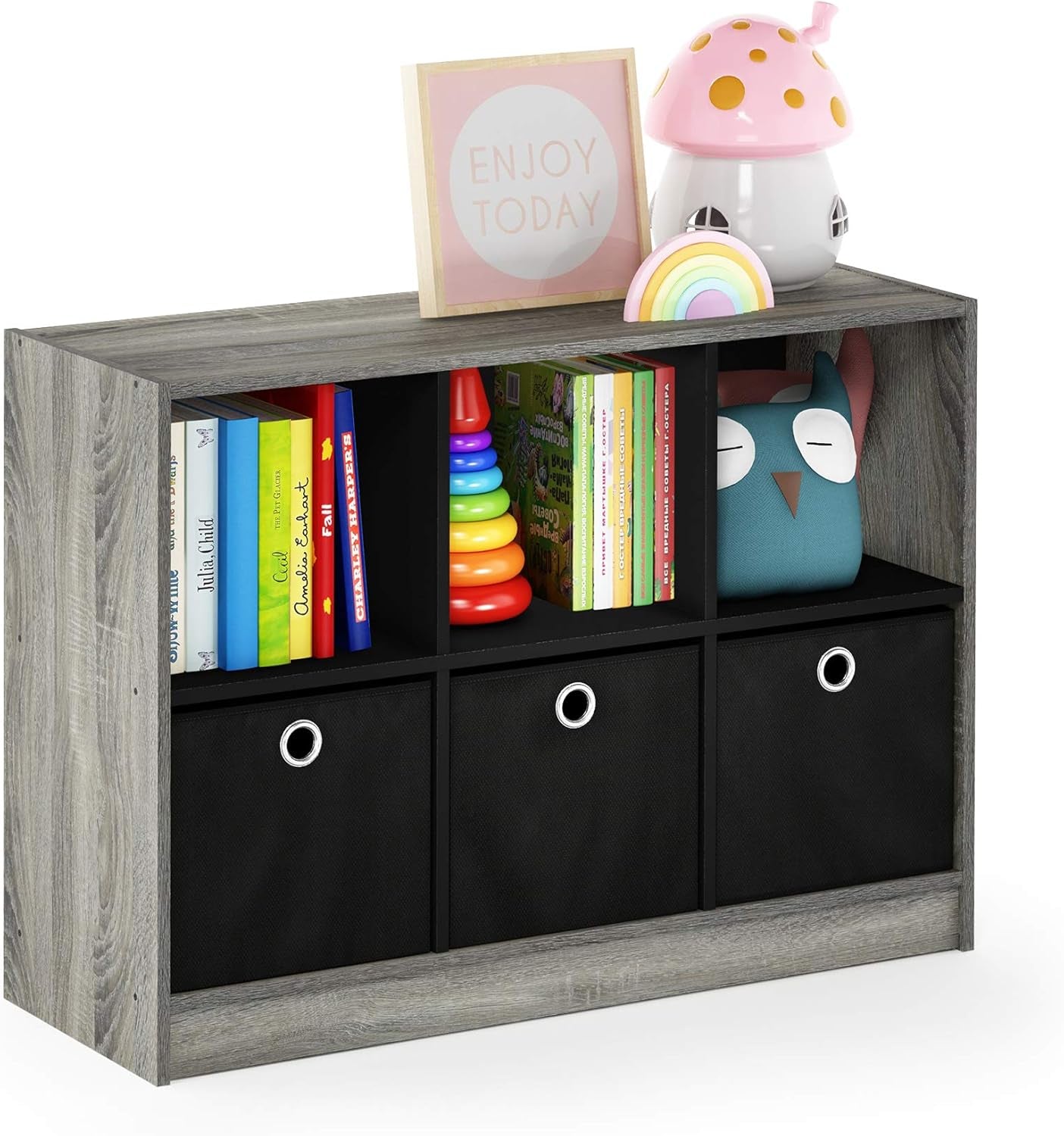 Basic 3X2 Cube Storage Bookcase Organizer with Bins, French Oak Grey/Black