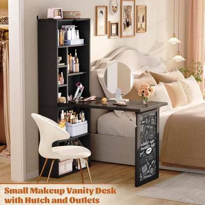Small Folding Desk with Outlets, Convertible Writing Desk for Small Spaces/Home Office/Craft Room, Multi-Function Desk Workstation with Blackboard, Fold-Out Cabinet Table, Black