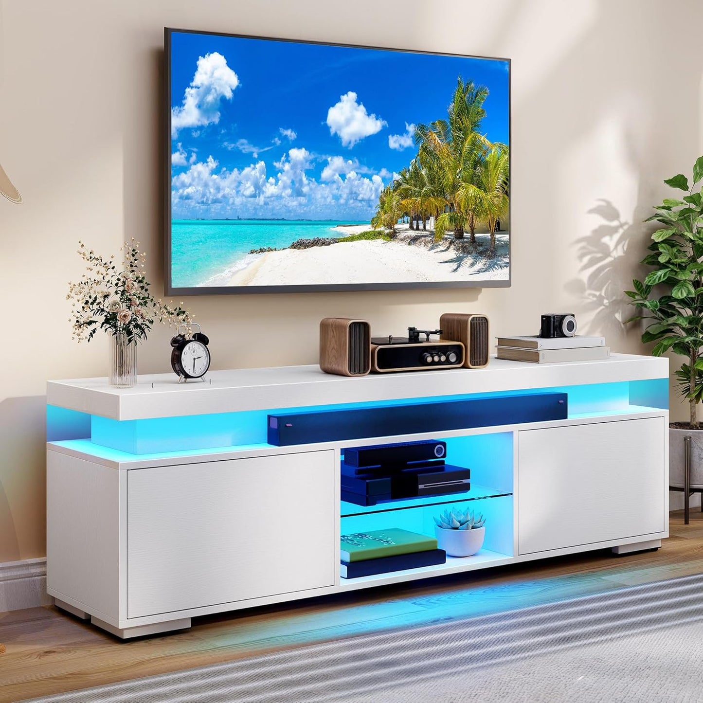 White Modern TV Stand with LED Lights and Power Outlet, Modern Entertainment Center for 55/60/65 Inch, Media Console Table TV Cabinet with Storage, Universal TV Stand for Living Room,White