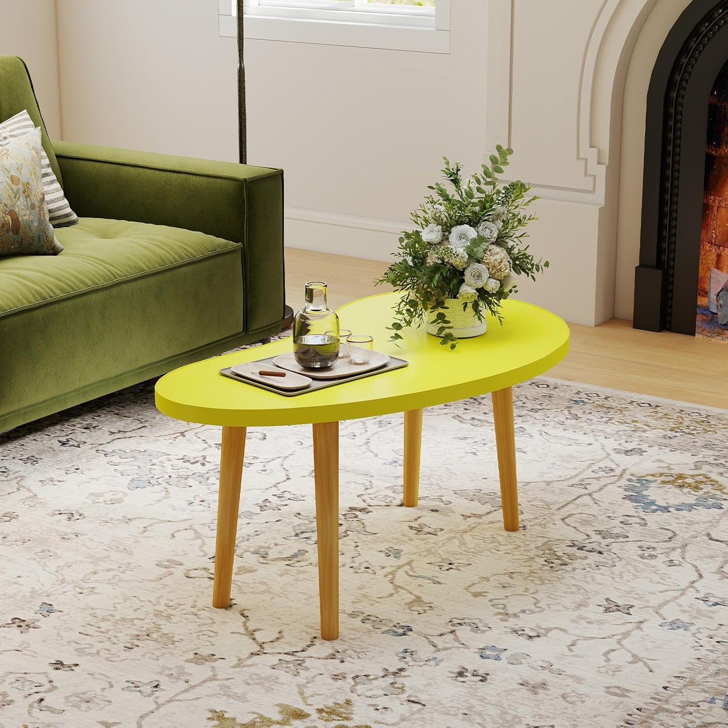 Mango Coffee Table Low Table with 4 Solid Wood Sturdy Legs, Floor Table Desk for Sitting on the Floor, Storage and Living Room Furniture (Yellow)