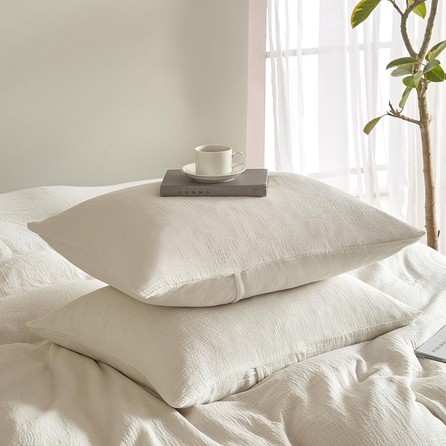 Muslin Pillowcases King Size 100% Cotton, 2 Pack Linen like Pillow Shams with Envelope Closure, Ultral Soft and Breathable Pillow Case Covers, White, 20" X 36", No Filling