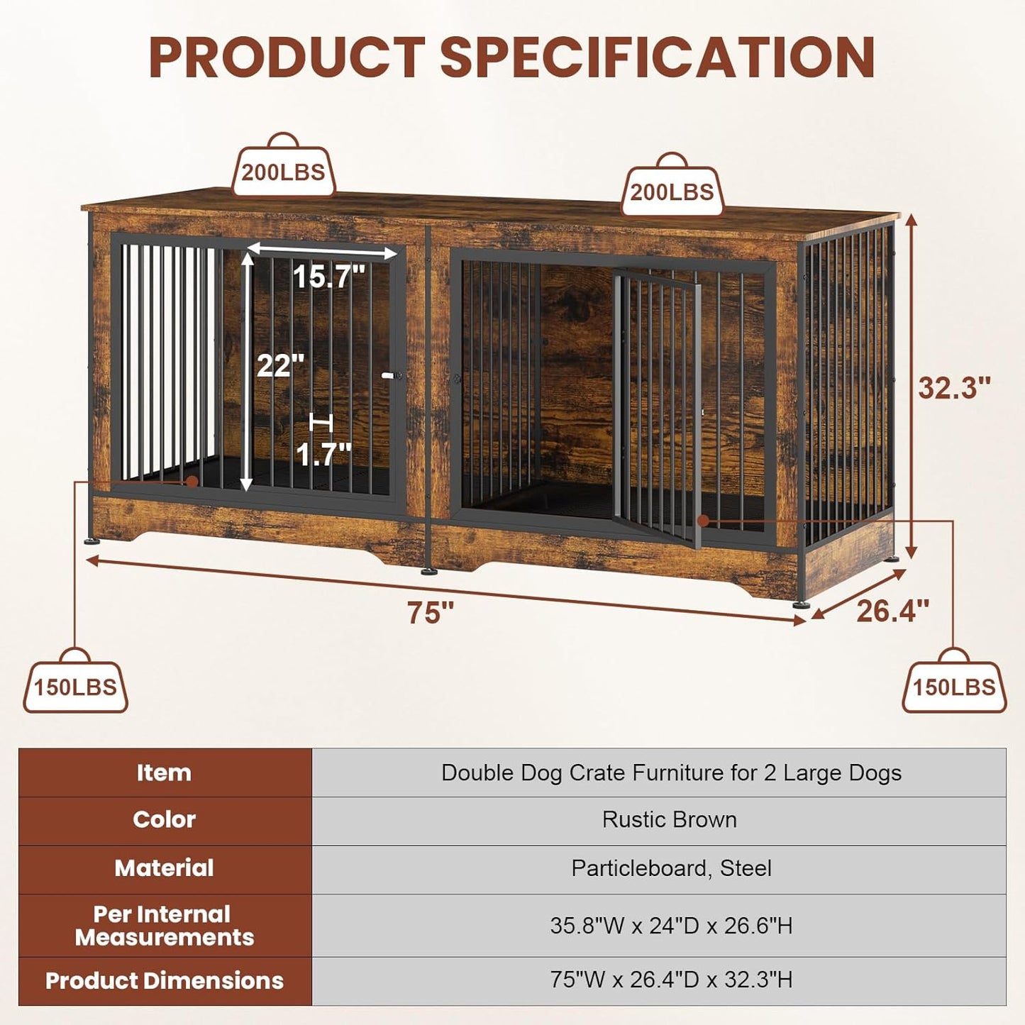 3-In-1 75 Inch Double Dog Crate Furniture for 2 Large Dogs Durable Rustic Brown TV Stand Dog Crate with Trays and Divider